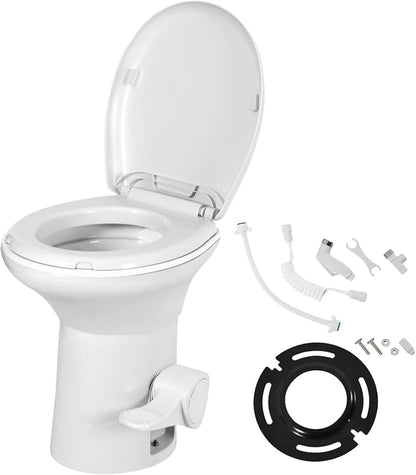 YITAMOTOR RV Toilet with Enamel Bowl, Plastic Toilet Body, Pedal Flush, Gravity Flush Toilet High Profile with Hand Sprayer and Flange for Motorhome Caravan Car Travel,White-Porcelain w Sprayer | Plastic Toilet Body, Pedal Flush, Gravity Flush Toilet H...