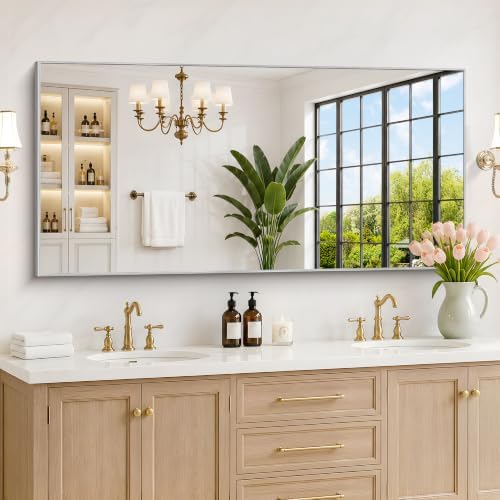 DESBING 30" x 60" Bathroom Mirror, Silver Metal Frame Wall Mirror