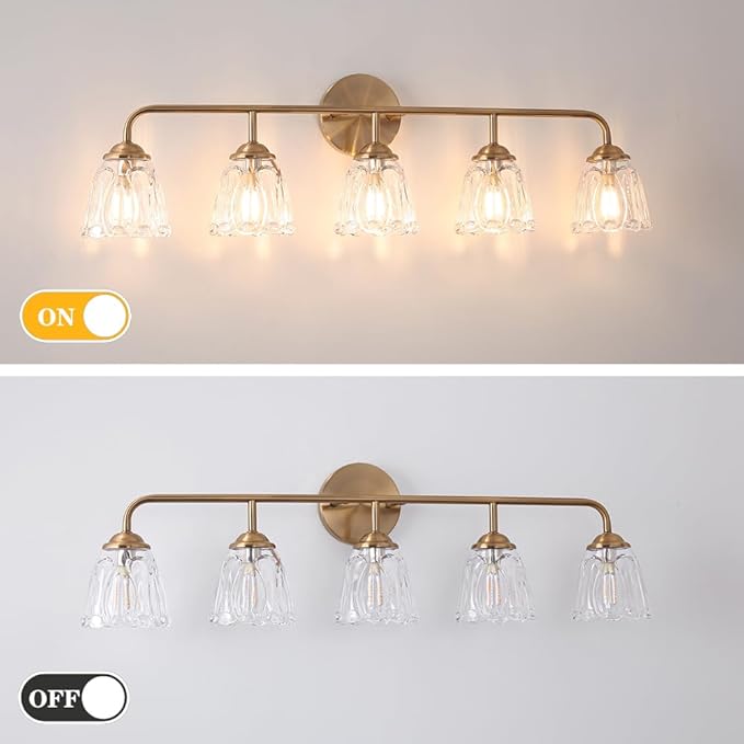 5-Light Vintage Vanity Light, Brushed Brass Vanity Lighting, Elegant Bathroom Lighting Fixtures Over Mirror, Bathroom Vanity Light with Clear Glass Shade, Gold Wall Sconce for Bedroom