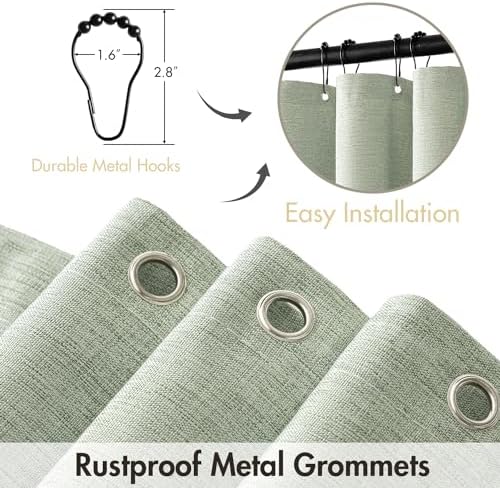 MIULEE 72 x 82 Extra Long Linen Shower Curtain Sage Green 12 Metal Hooks