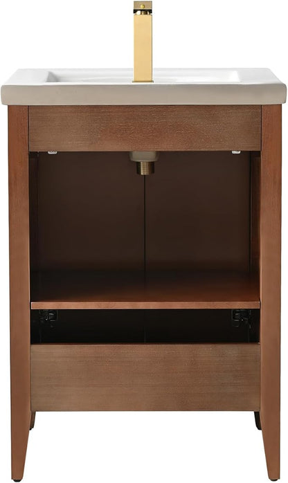 HOMEBEYOND 24" Bathroom Vanity with Ceramic Sink, Solid Wood Free-Standing Vanities Cabinet, Ceramic Top, Golden Brushed Handware & Soft Closing Door, Walnut