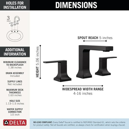Delta Velum Matte Black Bathroom Faucet 3 Hole, 8 Inch Widespread Bathroom Sink Faucet for Vanity, Metal Push-Pop Drain Assembly, Matte Black 3537LF-BLMPU