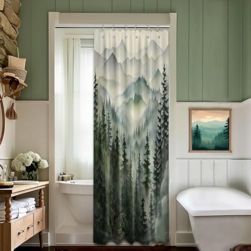 Sage Green Forest Stall Shower Curtain, 36X72 in Narrow Small, Mountain
