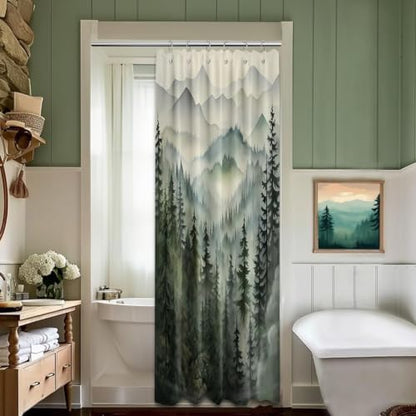 Sage Green Forest Stall Shower Curtain, 36X72 in Narrow Small, Mountain