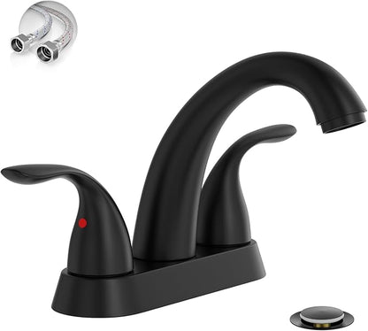 Phiestina 4 Inch 2 or 3 Holes 2 Handles Centerset Matte Black Lead-Free Bathroom Sink Faucet, Bathroom Faucet with Copper Pop Up Drain and Water Supply Lines, BF008-5-MB