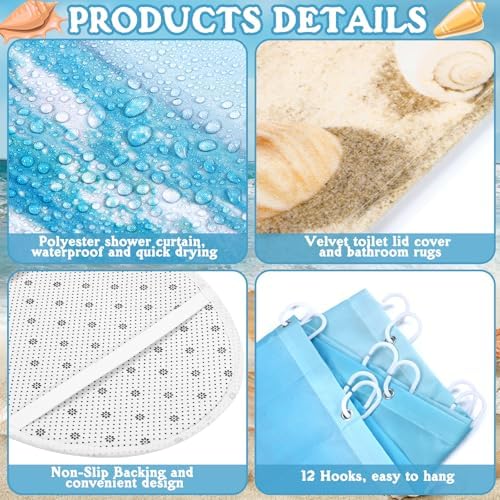 FuWeave 8 Pcs Coastal Shower Curtain Set Ocean Beach Bathroom Decor