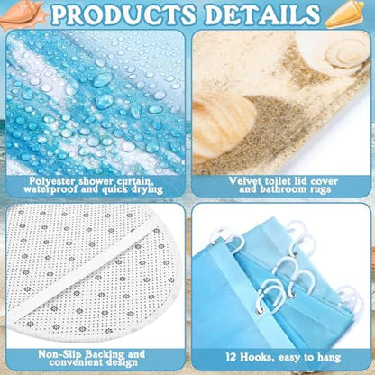 FuWeave 8 Pcs Coastal Shower Curtain Set Ocean Beach Bathroom Decor