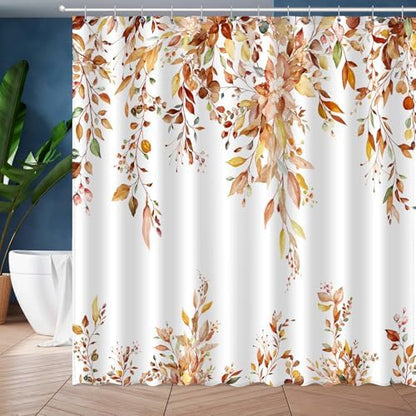Fall Eucalyptus Leaves Shower Curtain, Autumn Aesthetic Art Watercolor Plant Leaf with Floral Bathroom Decor, Waterproof Fabric Cloth Bath Curtain Set with Hooks (Brown-Orange, 72" W x 72" L)