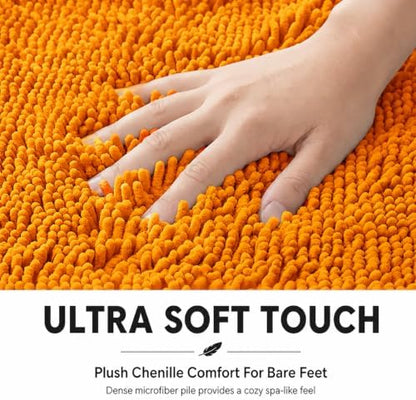Bathroom Rugs Sets 2 Piece,Super Absorbent Soft,Thick,Machine Washable Chenille Bath Mat,Non Slip Toilet Floor Rug,Bath Mats for Bathroom,20x32 Plus 20x20 U Shape,Orange