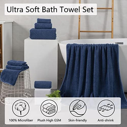 8 Pcs Navy Oversized Bath Towel Set-2 Extra Large Bath Sheets,2 Hand Towels,4 Washcloths Soft Bathroom Towels Highly Absorbent Quick Dry Beach Chair Towels Woven Towels for Hotel and Spa