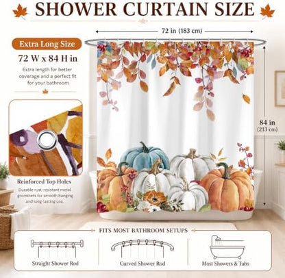 Fall Pumpkin Shower Curtains for Bathroom, Thanksgiving Teal Eucalyptus Leaves Watercolor Pumpkins Farmhouse Rustic Vintage Boho Bathroom Decor Set, Waterproof Fabric Polyester with Hooks 72x84 White