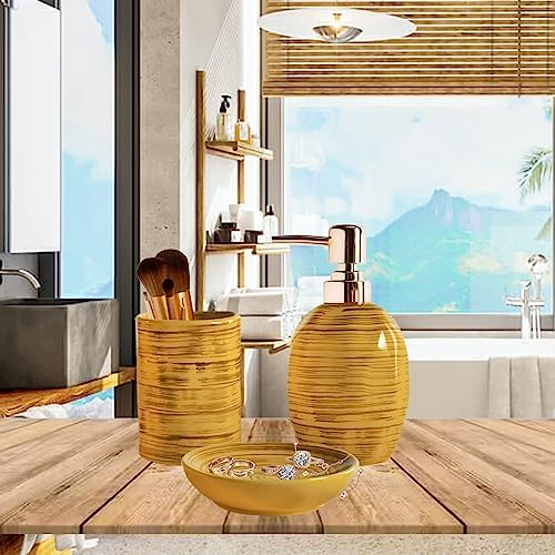 Bathroom Accessories Set, 3 Pcs Marble Look Bath Set Soap Dispenser & Toothbrush Holder Set, Counter Top Restroom Apartment Decor Stuff, Ceramic Kits, Unique Gift, Yellow