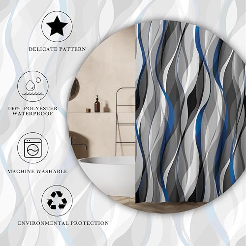 weesire Blue and Grey Shower Curtain for Bathroom Blue and Black Shower Curtain Fabric Modern Abstract Striped Minimalist Bath Curtains Waterproof Shower Curtains Set, Black Gray Blue, 72 x 72 Inch