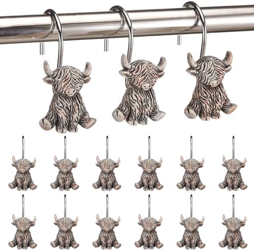 Roowest 12 Pcs Highland Cow Shower Curtain Hooks, Stainless Steel Hangers