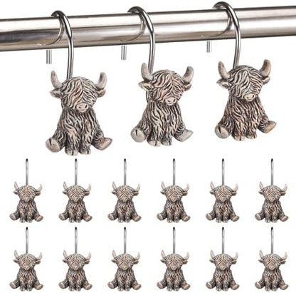 Roowest 12 Pcs Highland Cow Shower Curtain Hooks, Stainless Steel Hangers