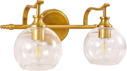 Gold Bathroom Light Fixtures, 2-Light Brass Vanity Light, Modern Sconces with Globe Clear Lampshade, Farmhouse Bathroom Lighting Fixtures Over Mirror with Metal Lamp Body, E26 Base