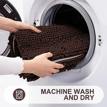 Grandaily Chenille Striped Bathroom Rugs 70x24, Extra Thick and Absorbent Bath Mats, Non-Slip Soft Plush Shaggy Shower Carpet, Machine Wash Dry, Bath Rug for Bathroom, Brown