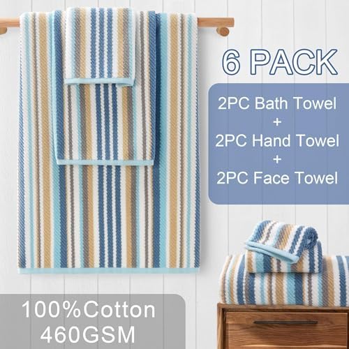 VOOVA & MOVAS Striped Towels 6 Pack, 100% Cotton, Blue Gray Beige