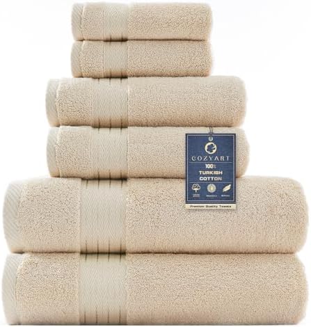 COZYART Luxury Bath Towel Set 6 Pcs, Beige 100% Turkish Cotton 650 GSM