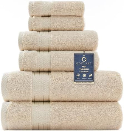 COZYART Luxury Bath Towel Set 6 Pcs, Beige 100% Turkish Cotton 650 GSM
