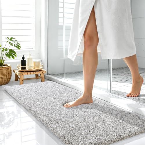 OLANLY Microfiber Bathroom Rugs 47x17, Quick Dry Bath Mat, Greige and White