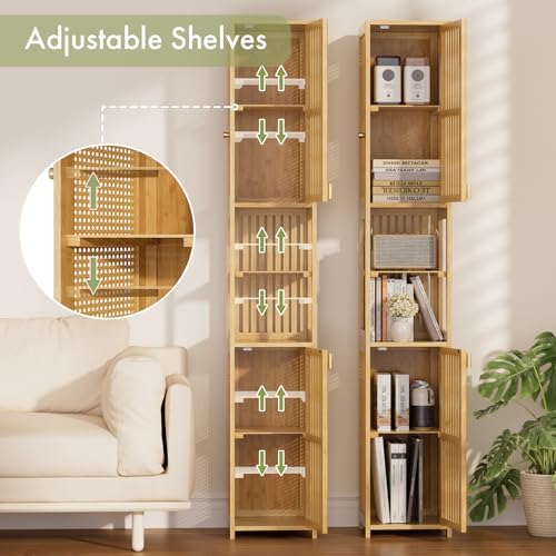 Amazer 70'' Tall Bathroom Storage Cabinet Bamboo, Narrow Storage Cabinet with Rattan Doors and Adjustable Shelves, Slim Freestanding Organizer for Living Room, Kitchen, Natural Color