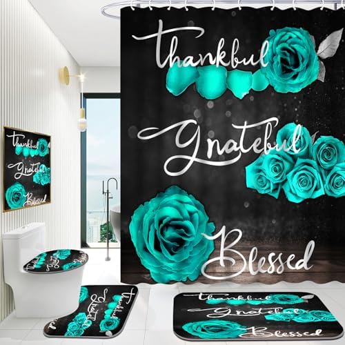 Onalasyc 4Pcs Green Rose Floral Shower Curtain with Rugs Set