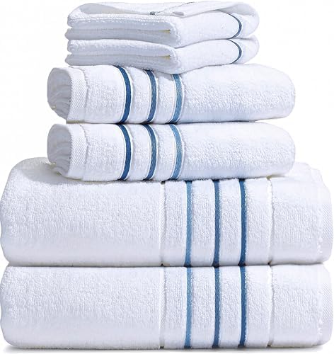 Bath Towels Set for Bathroom – Luxury 6-Piece Cotton Towels, Soft Absorbent & Quick Dry, 600 GSM Bath Towels for Bathroom, Hotel Spa Quality (White/Blue Azure, 6- Bath Towel Set)