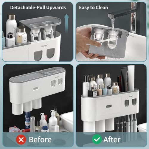 Toothbrush Holders Wall Mounted, Toothbrush Holder with Automatic Toothpaste Dispensers, 6 Brush Slots, 3 Magnetic Cups,1 Cosmetic Drawer Organizer and 1 Large Storage Tray