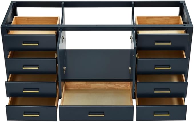 ARIEL Cambridge 66-inch Bathroom Vanity Base Cabinet,Solid Wood, 2 Soft Closing Doors, 9 Dovetail Drawers, Midnight Blue