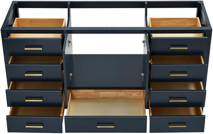 ARIEL Cambridge 66-inch Bathroom Vanity Base Cabinet,Solid Wood, 2 Soft Closing Doors, 9 Dovetail Drawers, Midnight Blue