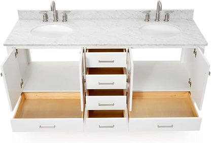 ARIEL Cambridge 72-inch Bathroom Vanity with Sink,Solid Wood, 0.75-inch Italian Carrara Marble Countertop & Backsplash, Double Oval Porcelain Sink, 4 Soft Closing Doors, 6 Dovetail Drawers, White
