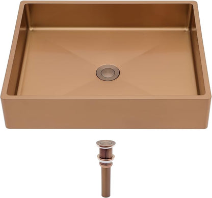 Logmey 19" Shallow Bathroom Vessel Sink 19x15 Rose Gold 16 Gauge Stainless Steel Handmade Above Counter Bathroom Sinks Rectangle Vessel Sink with Pop-up Drain Set