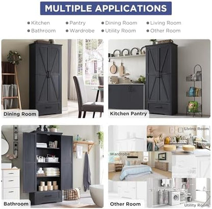 Farmhouse Kitchen Pantry Cabinet - 72" Tall Wood Kitchen Storage Cabinets with Adjustable Shelves & 2 Barn Doors & Drawer, Versatile Storage for Dining Room, Bathroom, Utility Room, Antique Black