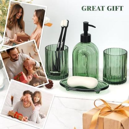 Bathroom Accessories Set, 4Pcs Glass Bathroom Accessories Set Complete, 11.6OZ Lotion Soap Dispenser, Toothbrush Holder, Mouthwash Cup, Soap Dish for Bathroom Decor, Countertop Organizer (Green)