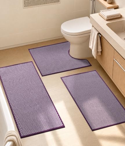 YIHOUSE Purple Bathroom Rugs Sets 3 Pieces,Thin Bath Mat Quick Dry