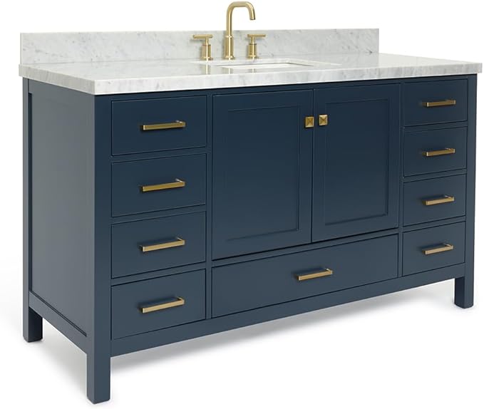 ARIEL Cambridge 60-inch Bathroom Vanity with Sink,Solid Wood, 1.5-inch Italian Carrara Marble Countertop, Single Rectangular Porcelain Sink, 2 Soft Closing Doors, 9 Dovetail Drawers, Midnight Blue