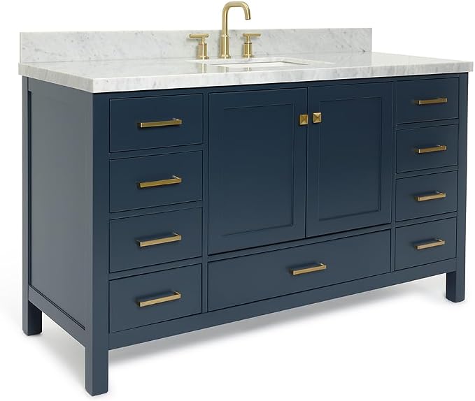 ARIEL Cambridge 60-inch Bathroom Vanity with Sink,Solid Wood, 1.5-inch Italian Carrara Marble Countertop, Single Rectangular Porcelain Sink, 2 Soft Closing Doors, 9 Dovetail Drawers, Midnight Blue