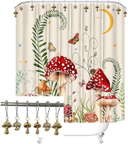 Mushroom Shower Curtain Hooks, 12Pcs Rustproof Metal Cute Retro Mushroom Shower Curtain Hooks Rings for Boho Fairy Forest Country Cottagecore Style Home Bathroom Decor (Bronze)