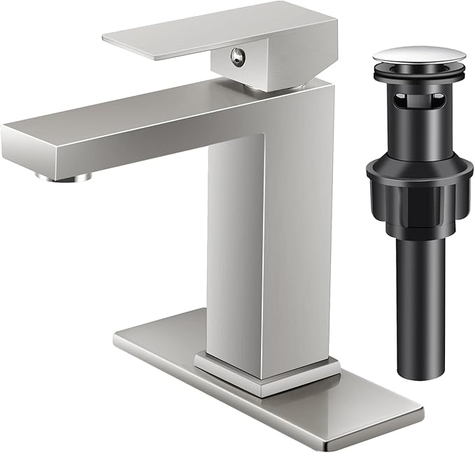 Bathroom Sink Faucet Single Hole Brushed Nickel Single Handle Faucet with Pop-up Drain and Deck for 1 Hole or 3 Hole Bathroom Sink Vanity
