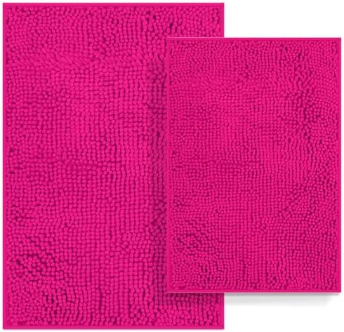 Bathroom Rugs Set 2 Piece Bathroom Sets Bath Rugs Non Slip Bath Mats for Bathrooms, Thick Soft Chenille Bath Rug Set, Bathtub Mat, Ultra Absorbent Baths Carpet, Shaggy Bathrooms Floor Mat, Hot Pink