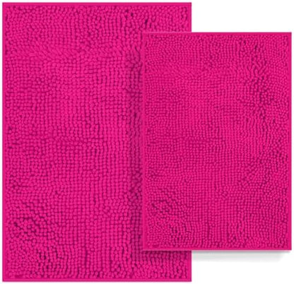 Bathroom Rugs Set 2 Piece Bathroom Sets Bath Rugs Non Slip Bath Mats for Bathrooms, Thick Soft Chenille Bath Rug Set, Bathtub Mat, Ultra Absorbent Baths Carpet, Shaggy Bathrooms Floor Mat, Hot Pink
