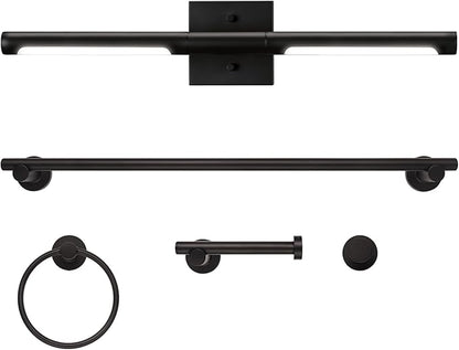 Globe Electric 63000203 5-Piece All-in-One Bathroom Set, 2-Light LED Vanity Light, Matte Black, 1200 Lumen, Towel Bar, Robe Hook, Toilet Paper Holder, Towel Ring, Bathroom Lights Over Mirror