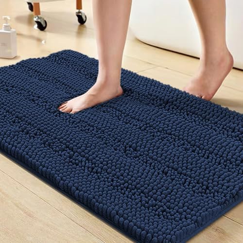 Turquoize Bathroom Rug 20"x32", Soft Absorbent Chenille Bath Rug, Navy