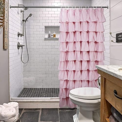 Volens Pink Ruffle Shower Curtain Farmhouse Rustic Fabric Cloth Shower Curtains for Bathroom, 72" x 72"