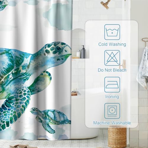 Ocean Beach Nautical Sea Turtle Shower Curtain, Coastal Tropical Shower Curtains for Bathroom Decor and Accessories, Waterproof Shower Curtain Set with Hooks, Machine Washable Fabric 36 x 72 inch Teal