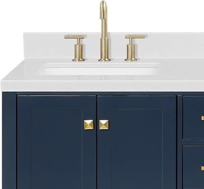 ARIEL Cambridge 60-inch Bathroom Vanity with Sink,Solid Wood, 1.5-inch Carrara White Quartz Countertop, Double Rectangular Porcelain Sink, 4 Soft Closing Doors, 6 Dovetail Drawers, Midnight Blue