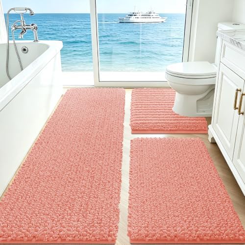 ACCUMTEK Upgrade Extra Large Coral Bathroom Rug Set 3 Pieces Ultra Soft, Thick Absorbent Bath Mats, Non Slip Chenille Toilet Mat for Bathroom, Bedroom, Kitchen