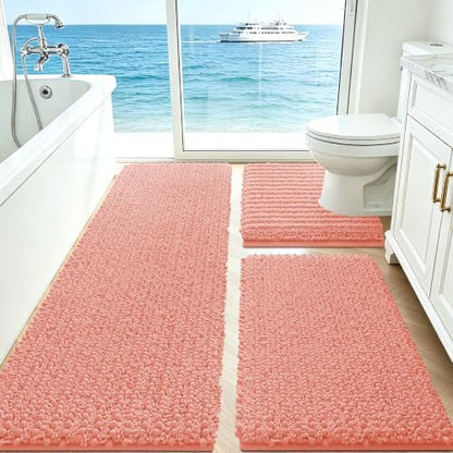 ACCUMTEK Upgrade Extra Large Coral Bathroom Rug Set 3 Pieces Ultra Soft, Thick Absorbent Bath Mats, Non Slip Chenille Toilet Mat for Bathroom, Bedroom, Kitchen