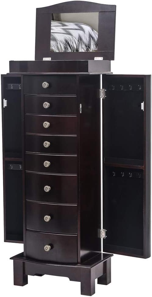 Standing Jewelry Armoire Cabinet Storage Chest with 8 Drawers, 2 Swing Doors, 16 Necklace Hooks, Makeup Mirror Storage Organizer, Large Standing Jewelry Armoire for Women(Brown)